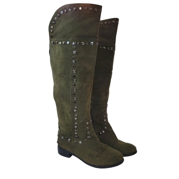 Midnight Velvet Olive Green Over The Knee Boots W Studded Detail Size 9W - Picture 1 of 16